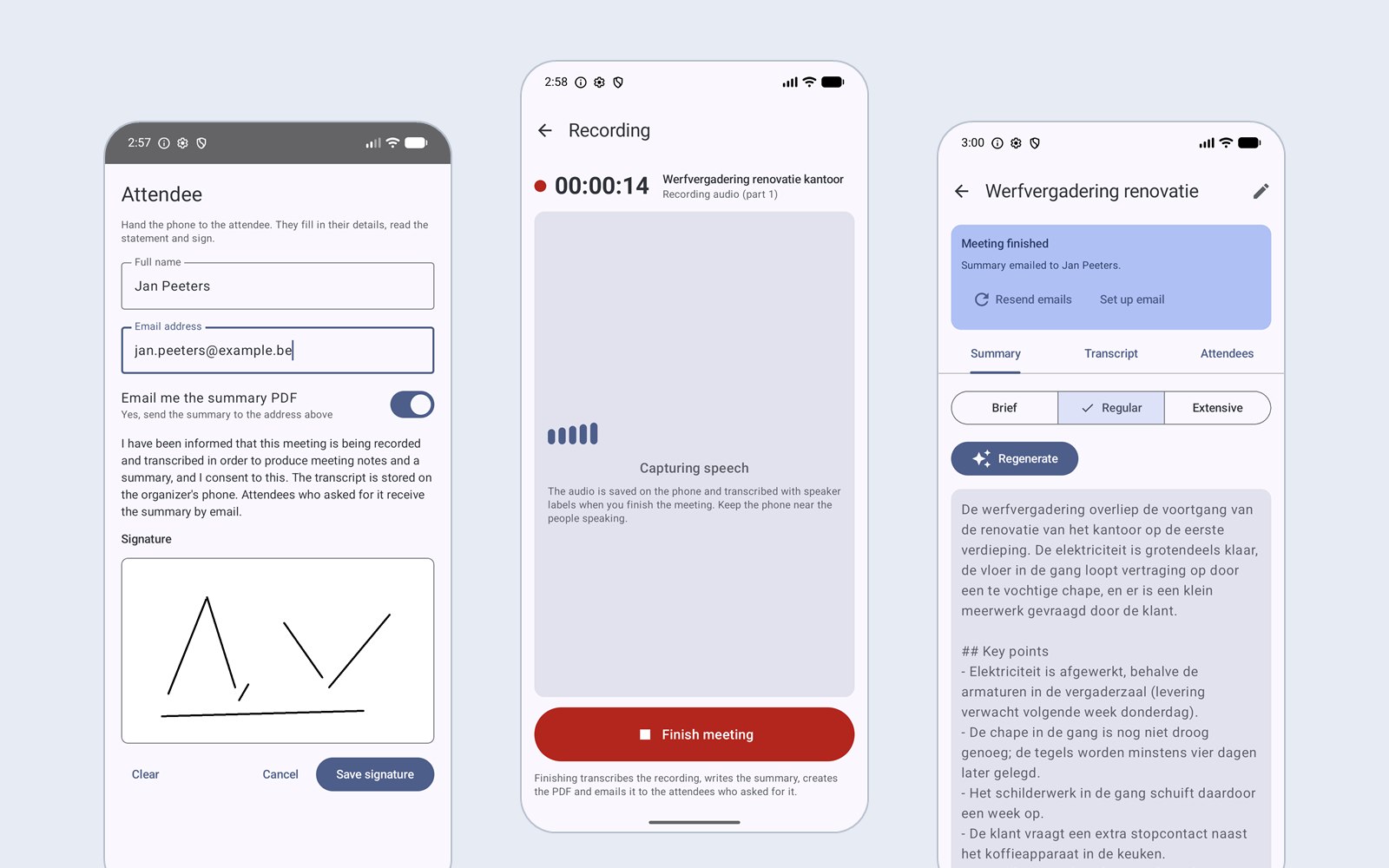 Note-taker schermen voor toestemming, opname en samenvatting